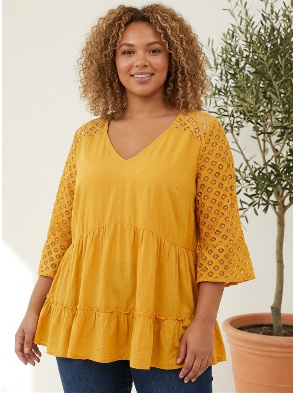 Bloomchic V-neck Crochet Sleeves Babydoll Top Mustard Yellow Size 14-16